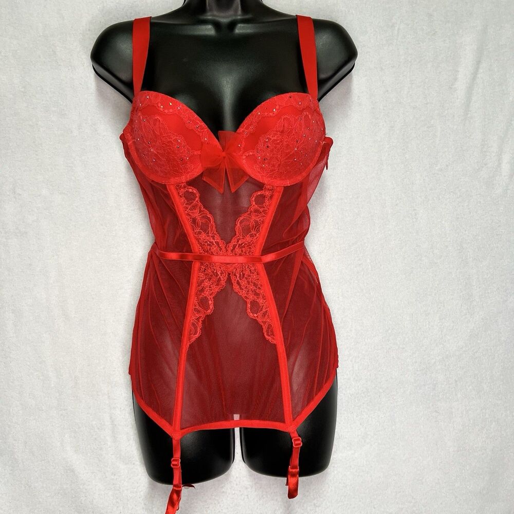 Victoria's Secret Lingerie Red Lace Sheer Mesh  Bustier Garter 36B Very Sexy NWT